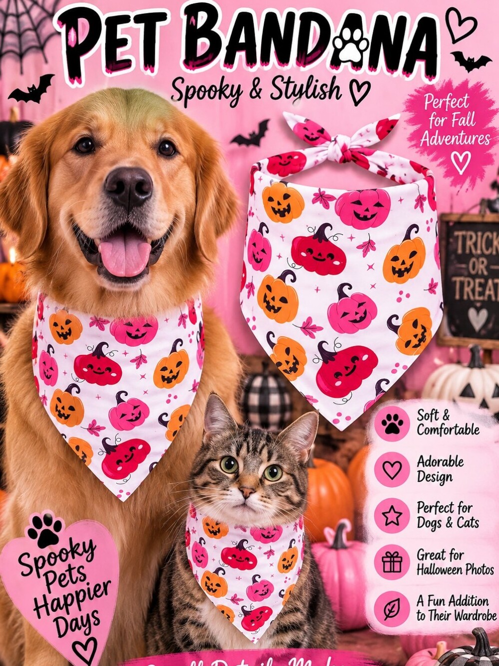 Pink Halloween Pumpkin Pet Bandana!!